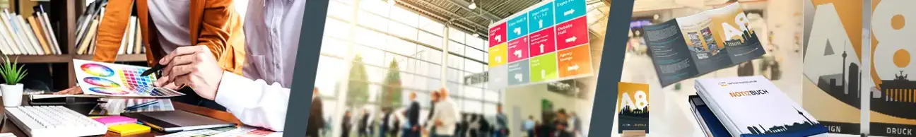 Druckprozess-Collage: Farbberatung, Großformatdruck für Events und fertige Werbeprodukte.